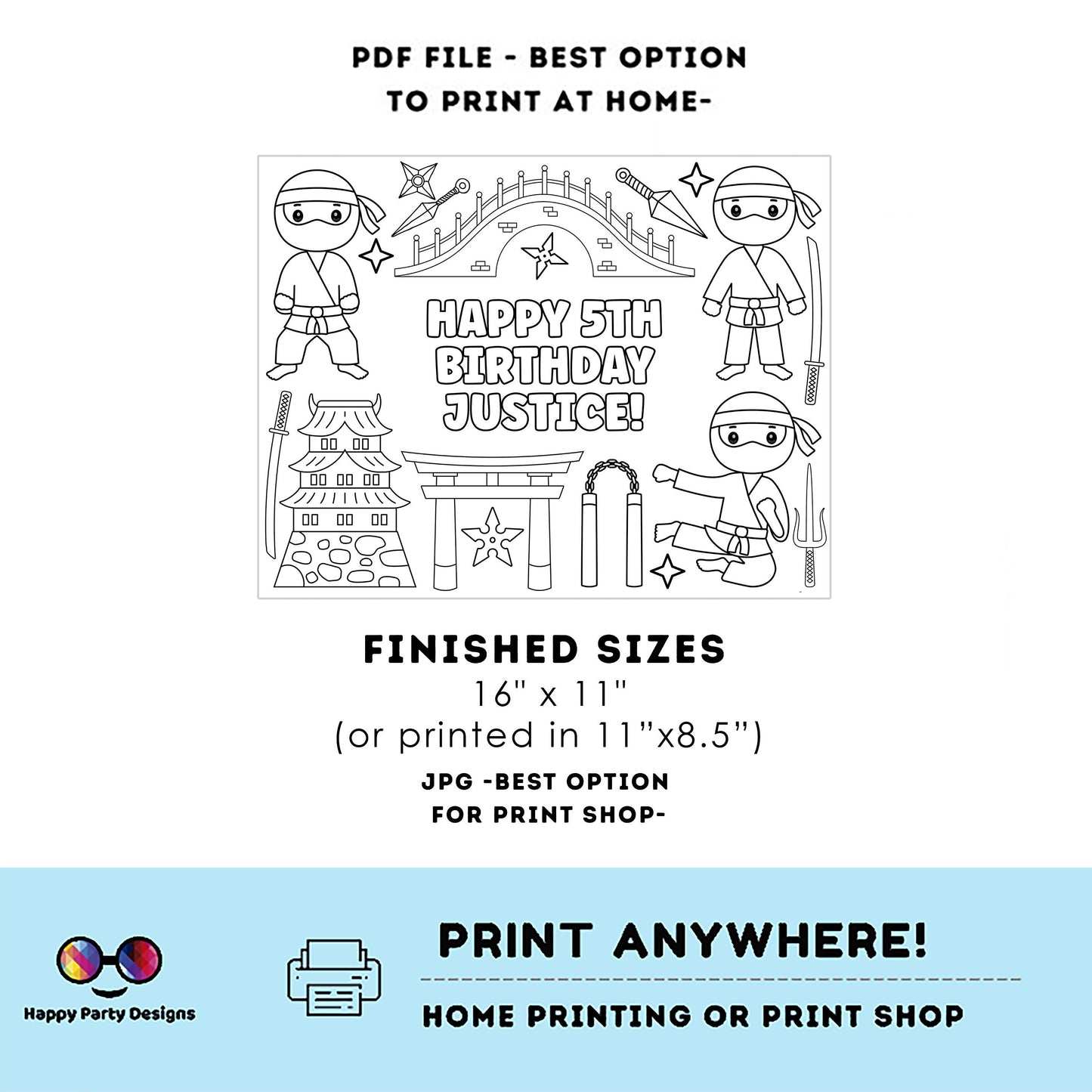 Editable Ninja boy Birthday coloring Page | Ninja Party | Ninja coloring page | Ninja coloring placemat Edit Online #K251