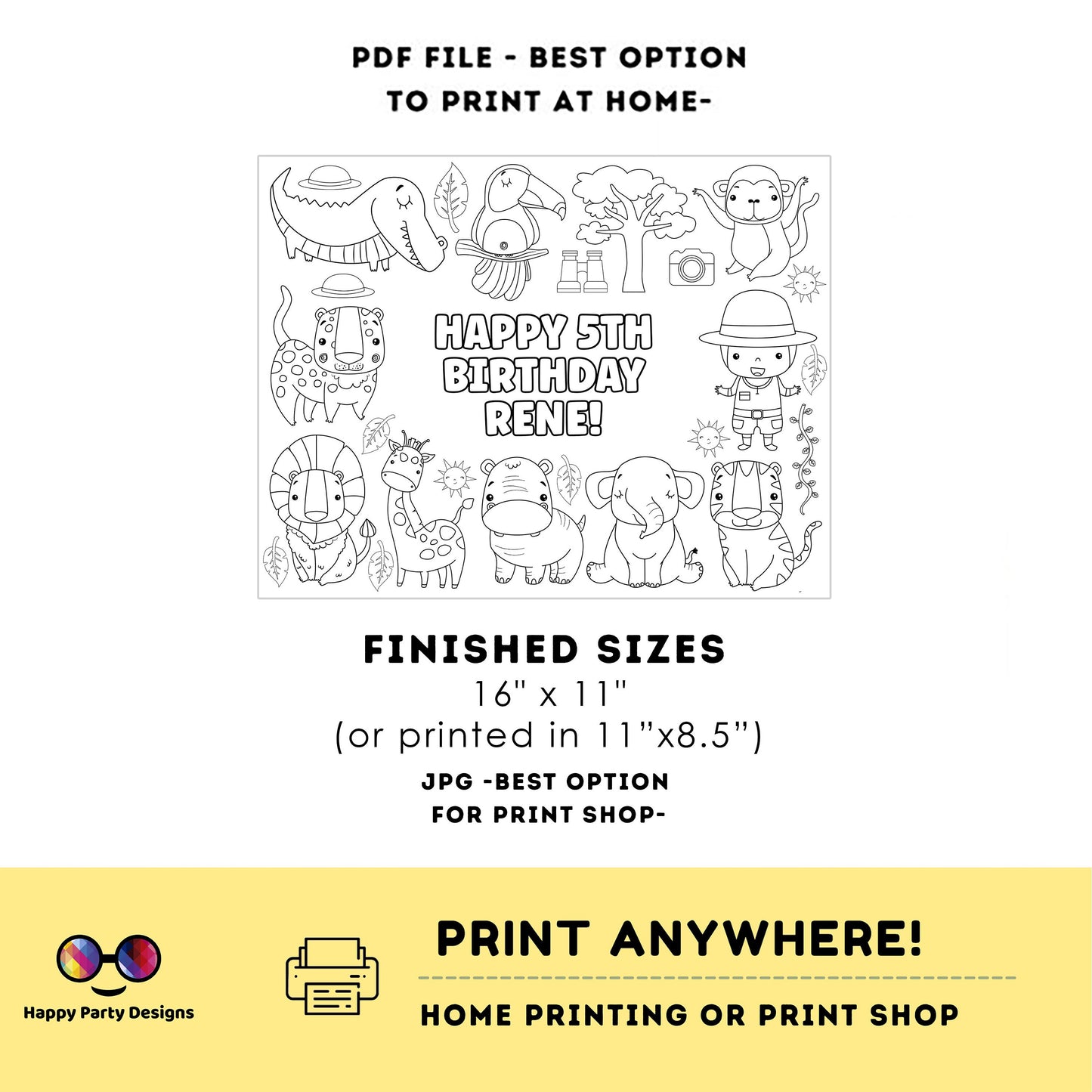 Editable Safari baby animals coloring page | First birthday | Any Age | Safari Animals Birthday Party | One Birthday Zoo Jungle Party #K202