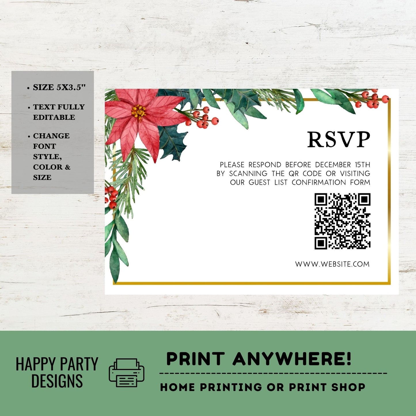 Editable Christmas Wedding RSVP Template | Editable Christmas Themed Red Poinsettia | Winter Bride | Winter Wedding #W20