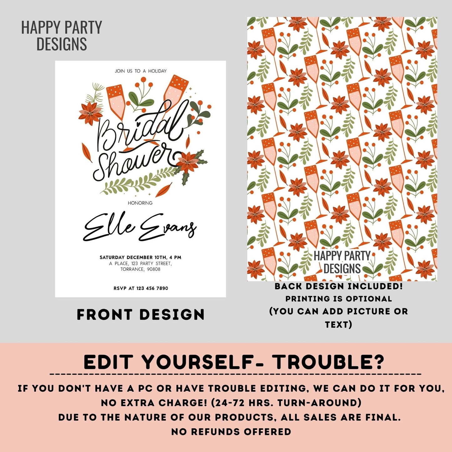 Editable Bridal Shower Invitation | Christmas Bridal Shower Invitation | Winter Bride Instant | Winter Wedding | Red ponsettia #W21