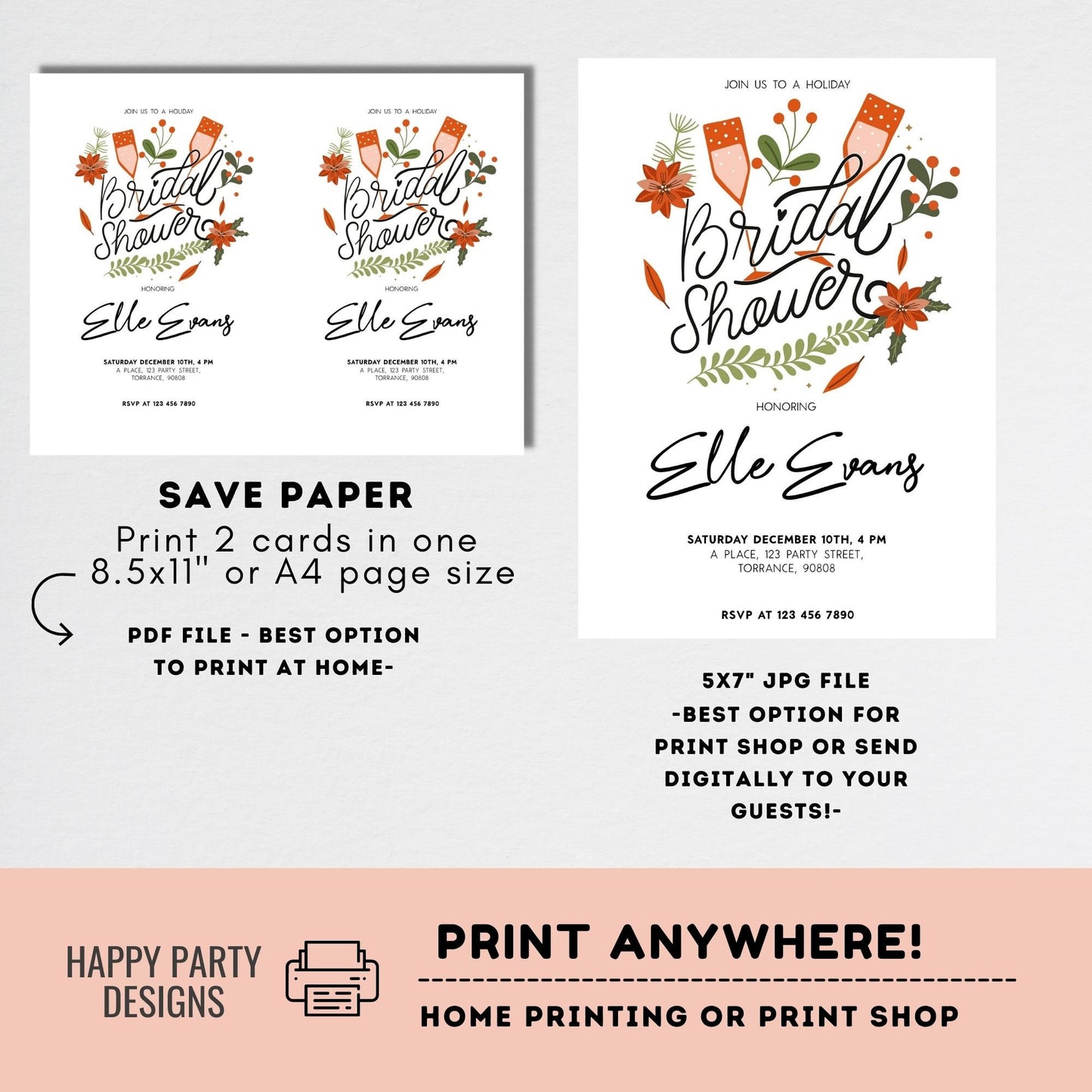 Editable Bridal Shower Invitation | Christmas Bridal Shower Invitation | Winter Bride Instant | Winter Wedding | Red ponsettia #W21