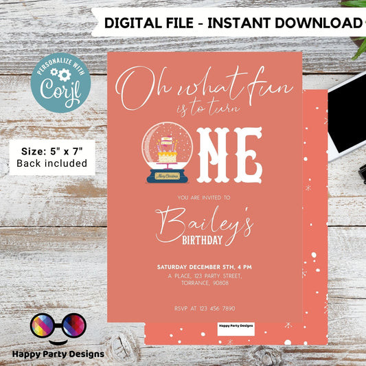 Editable Winter ONEderland Birthday Invitation | Digital invite | Birthday girl | First Birthday 1st Girl | Snow globe | Pink Snow #K261