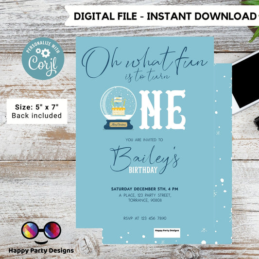 Editable Winter ONEderland Birthday Invitation | Digital invite | Birthday boy | First Birthday 1st Boy | Snow globe | Pink Snow #K261