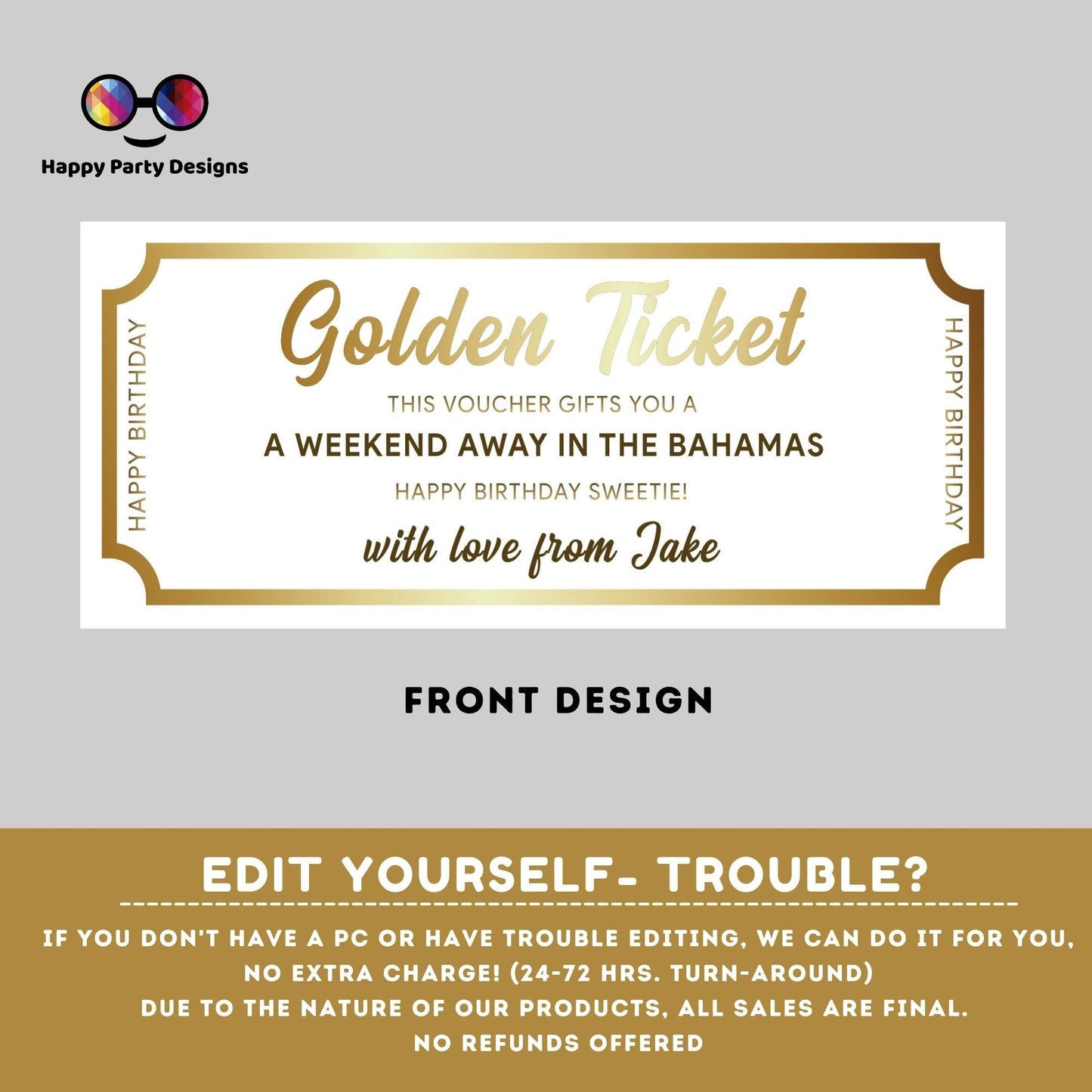 Editable Event Golden Ticket template | Surprise Airline Gift | Vacation | Gift for Her | Couple Gift | Print-at-home | Flight Voucher #A44