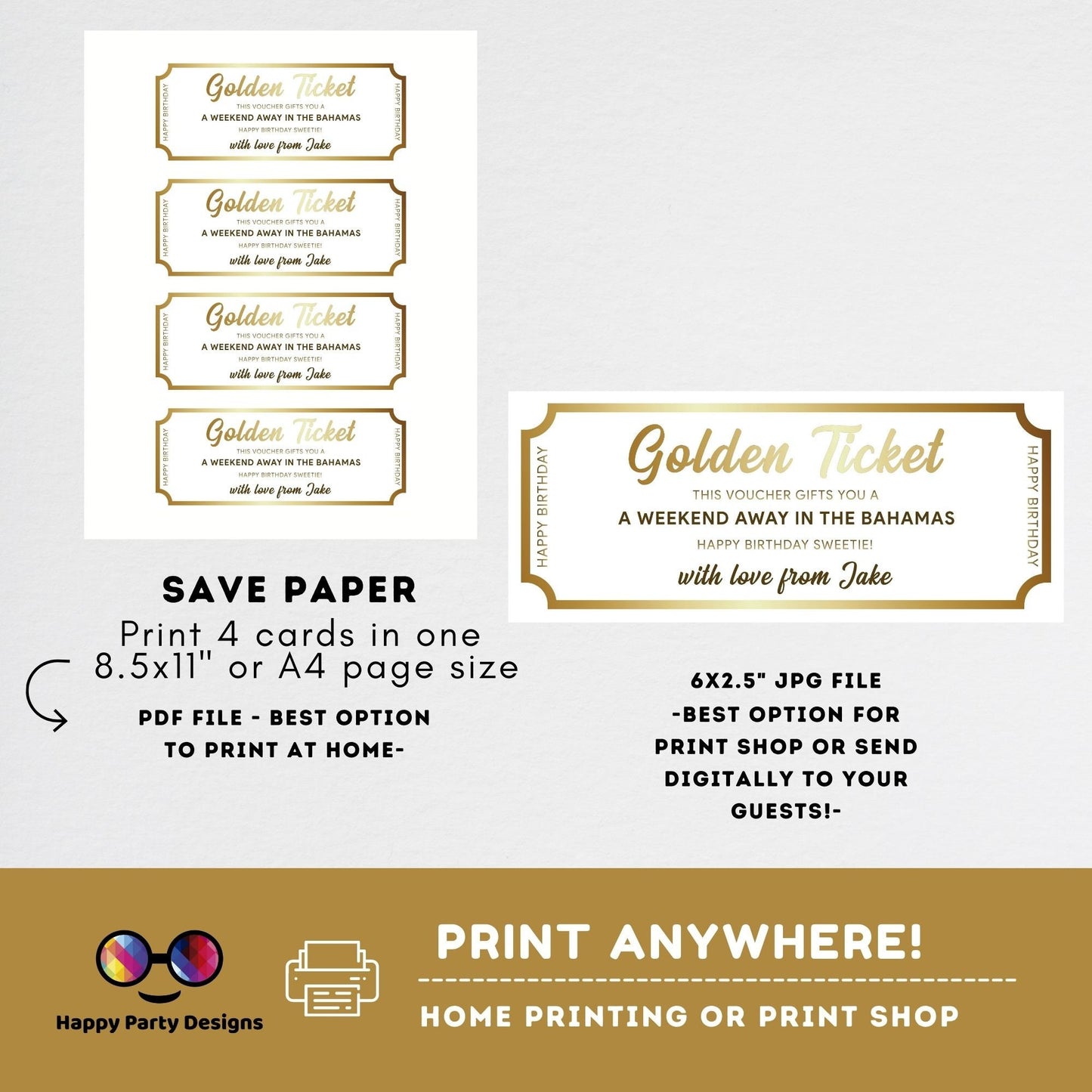 Editable Event Golden Ticket template | Surprise Airline Gift | Vacation | Gift for Her | Couple Gift | Print-at-home | Flight Voucher #A44