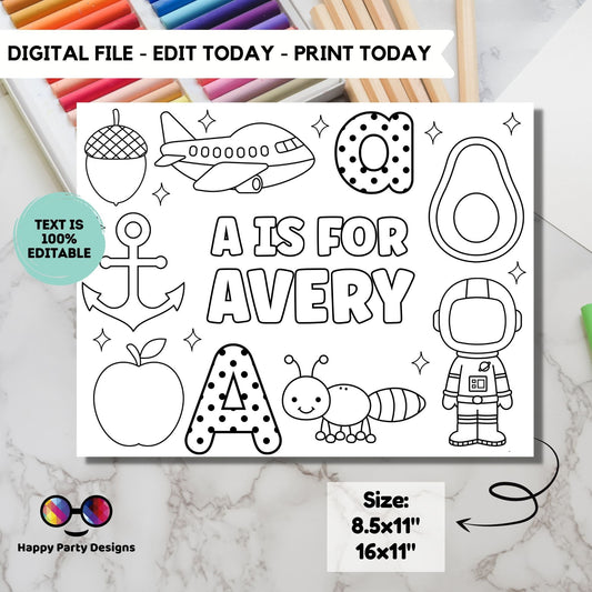 Editable name coloring page | A is for | personalized name alphabet placemat | Teacher material | Printable Preschool #SCH3
