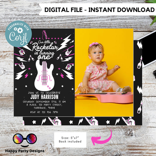 Our little rock star is turning one | Rock 'n roll Birthday Invitation | girl Rock Star Party Invite | Rock Guitar Birthday invitation #K262