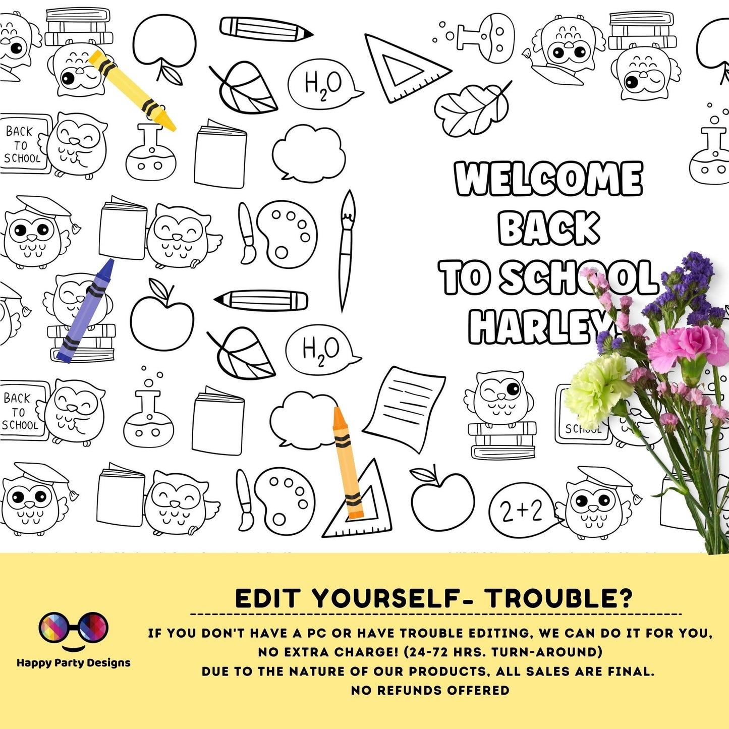 Back to School Owls XL Table Runner | Editable Back to School coloring page | Welcome coloring page | Back to School Activity page | #SCH2
