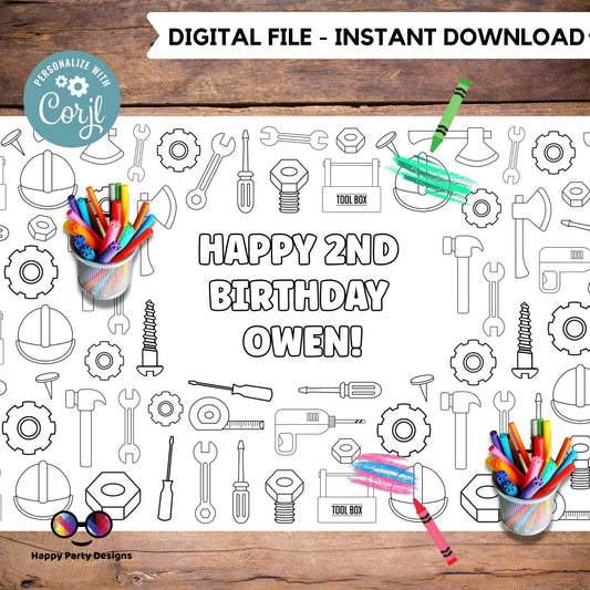 Tools Coloring XL Table runner | Editable Tools Birthday coloring page | Placemat coloring page |  Construction birthday Activity  #K160