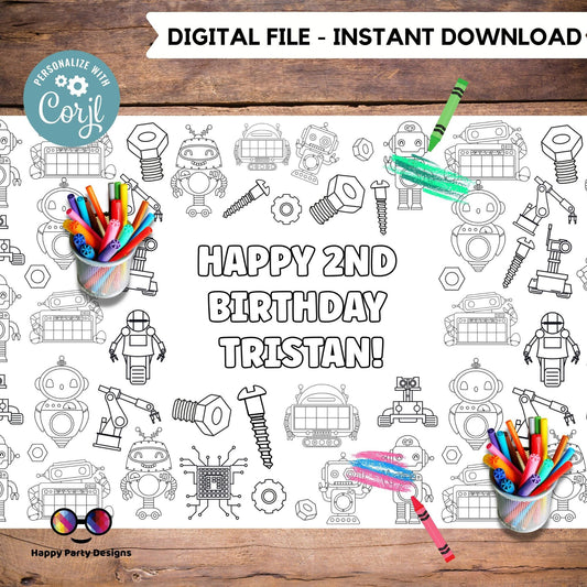 Robots XL Coloring Table Runner | Editable Robots Birthday coloring page | Placemat coloring page | Robots birthday Party Activity  #K163