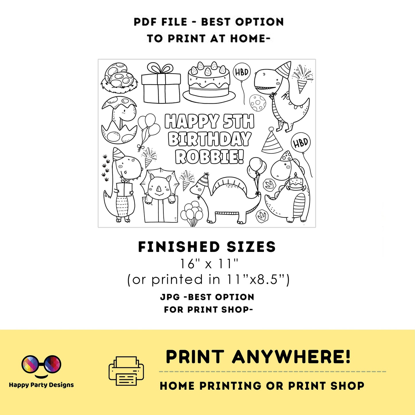 Editable Dino party coloring page | Placemat coloring page | Any Age | Dinosaur birthday | Dinosaur Party Activity | Dino birthday party