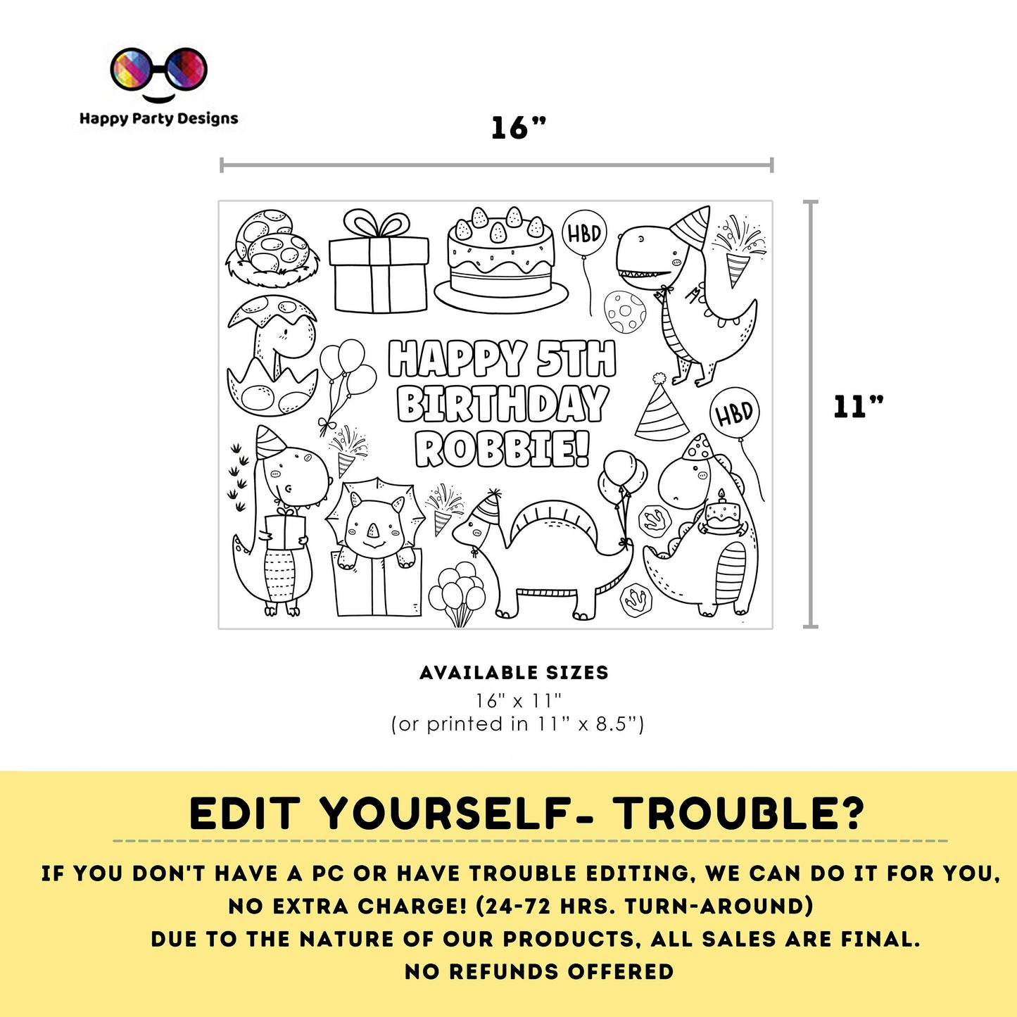 Editable Dino party coloring page | Placemat coloring page | Any Age | Dinosaur birthday | Dinosaur Party Activity | Dino birthday party
