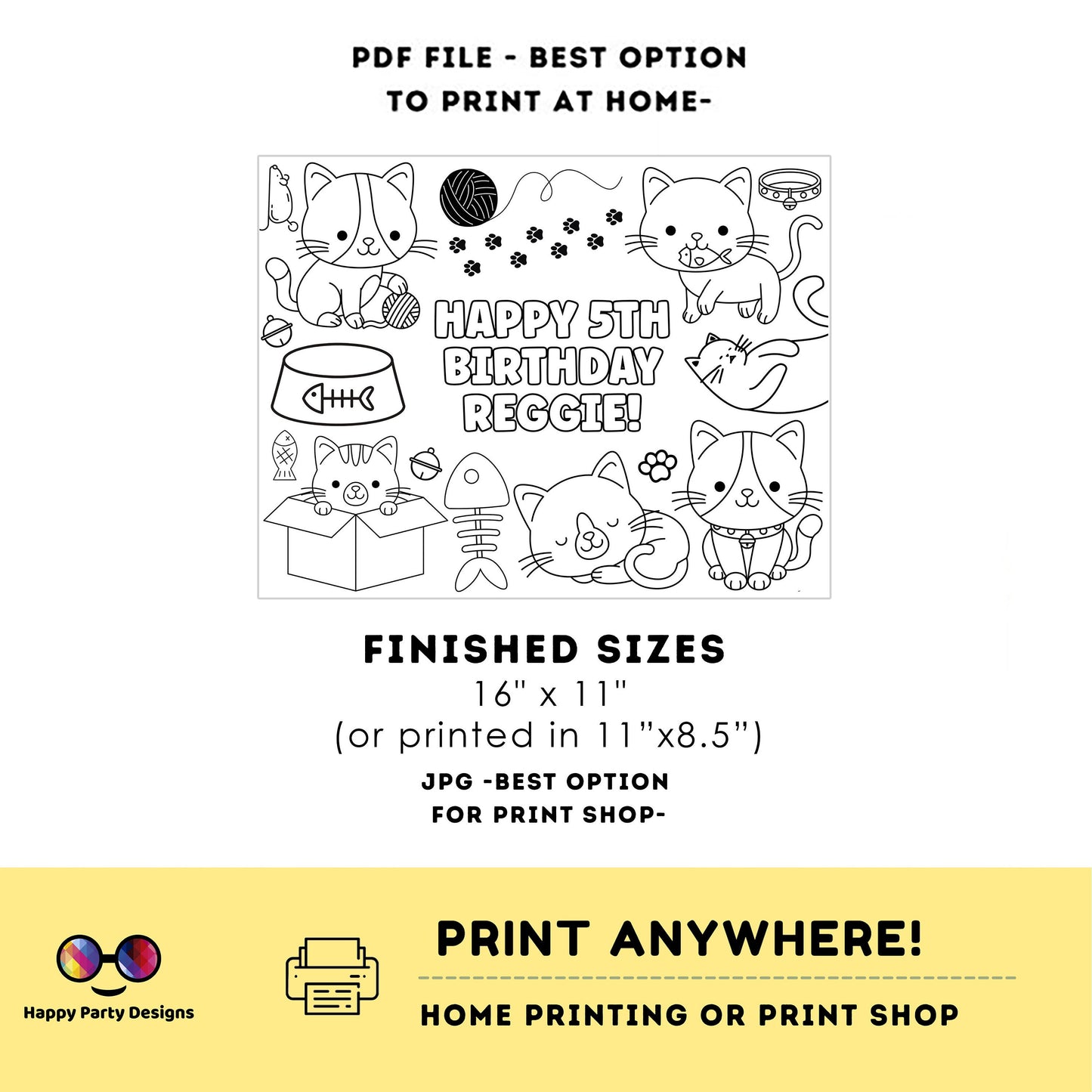 Editable Cute Cats coloring page | Placemat coloring page | Any Age | kittens' birthday | Playful Cats Party Activity #K114