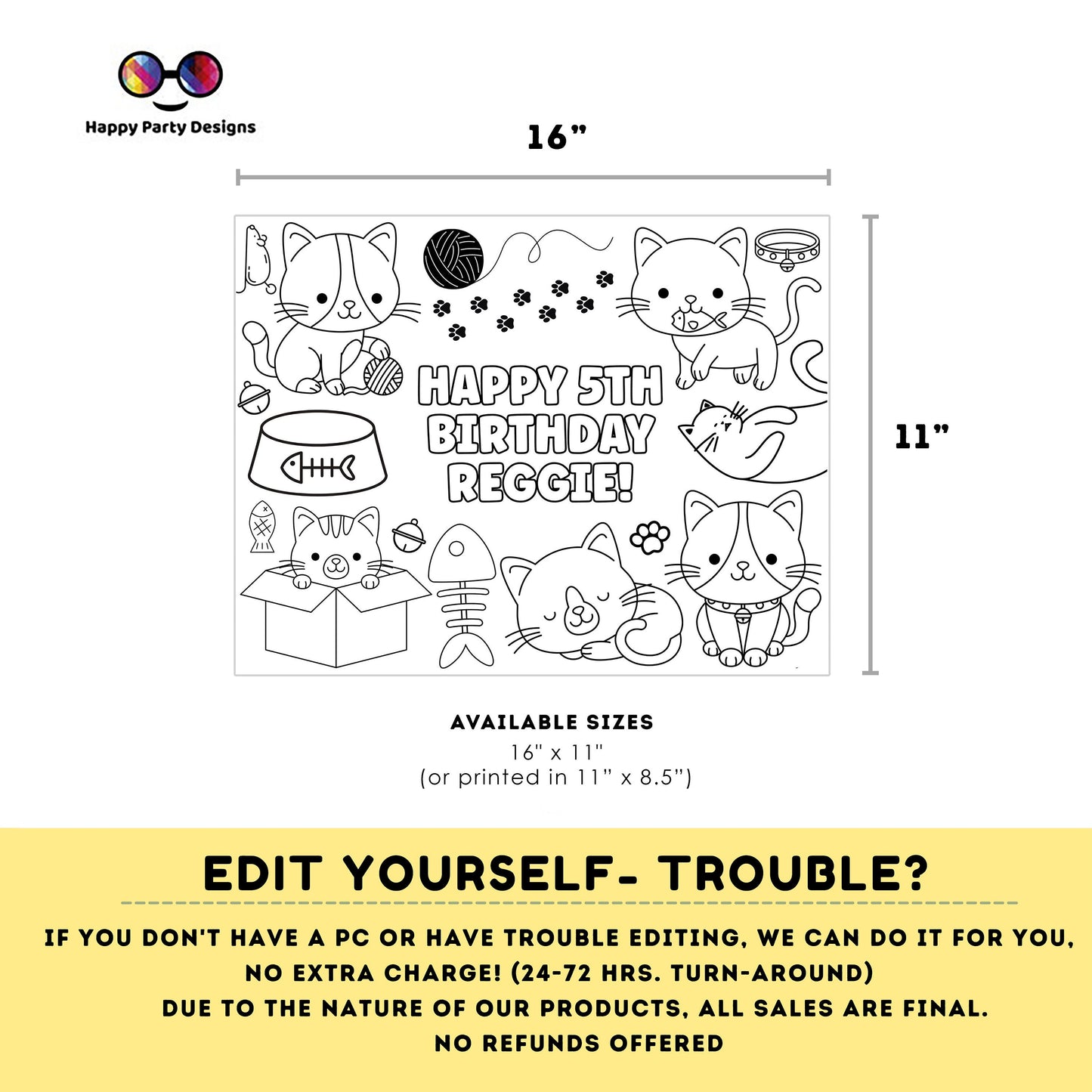 Editable Cute Cats coloring page | Placemat coloring page | Any Age | kittens' birthday | Playful Cats Party Activity #K114