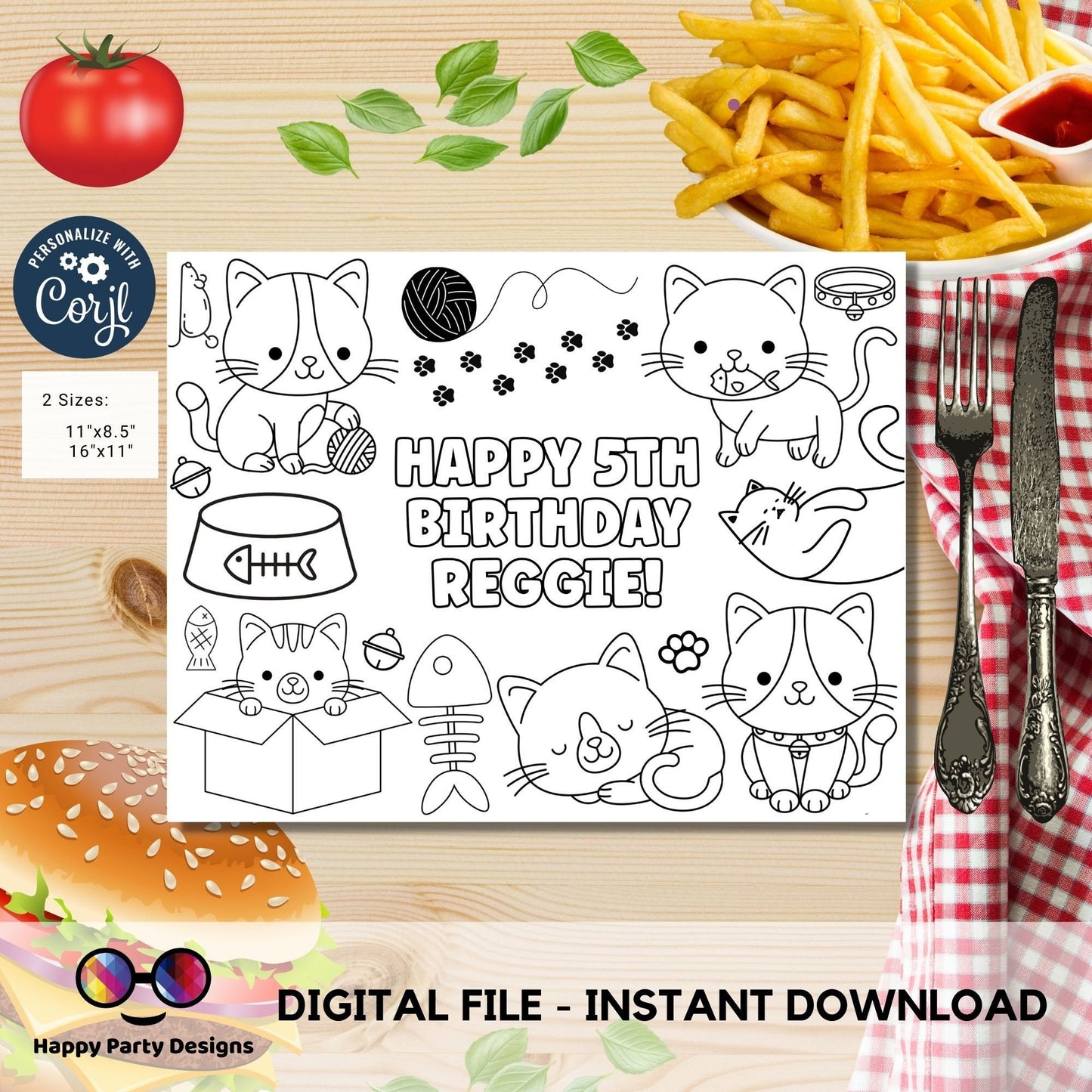 Editable Cute Cats coloring page | Placemat coloring page | Any Age | kittens' birthday | Playful Cats Party Activity #K114