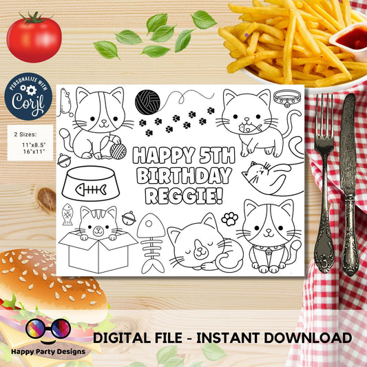 Editable Cute Cats coloring page | Placemat coloring page | Any Age | kittens' birthday | Playful Cats Party Activity #K114