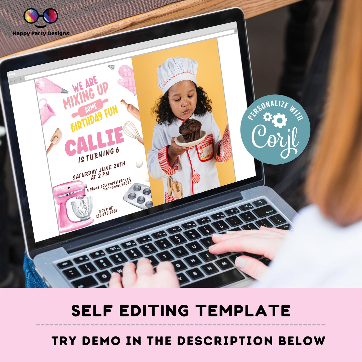 Editable Baking Invitation | Baking Birthday Invitation Printable | Birthday girl | Girl Cooking Party Invite | Cupcake Baking Invite #K137