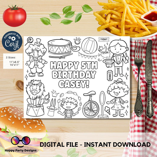 Editable circus coloring page | Placemat coloring page | Any Age | Circus birthday party | Circus Party Activity | kids playing circus #K119
