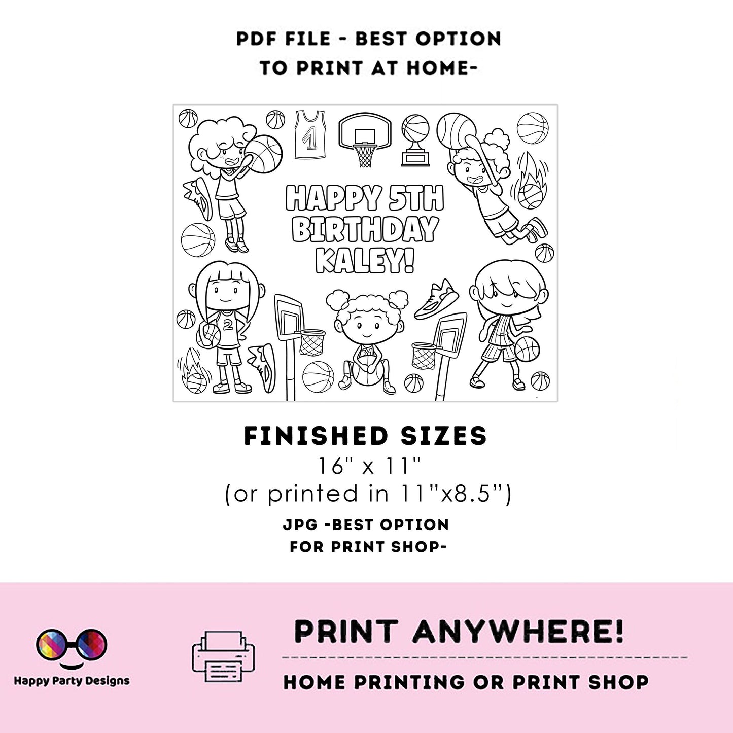 Editable Basketball girl Birthday coloring Page | BKB Party | Sports coloring page | basketball coloring placemat Edit Online #K251