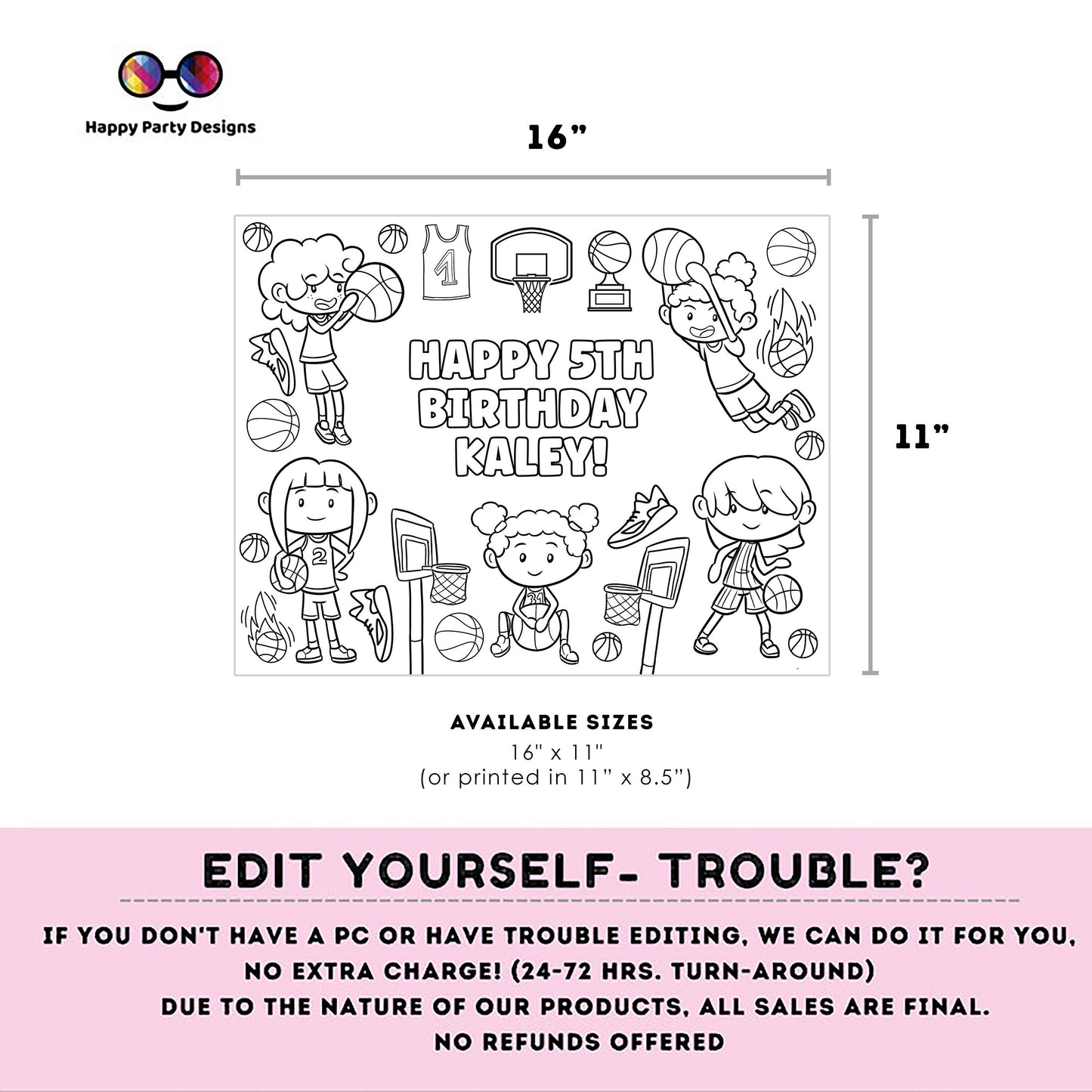 Editable Basketball girl Birthday coloring Page | BKB Party | Sports coloring page | basketball coloring placemat Edit Online #K251