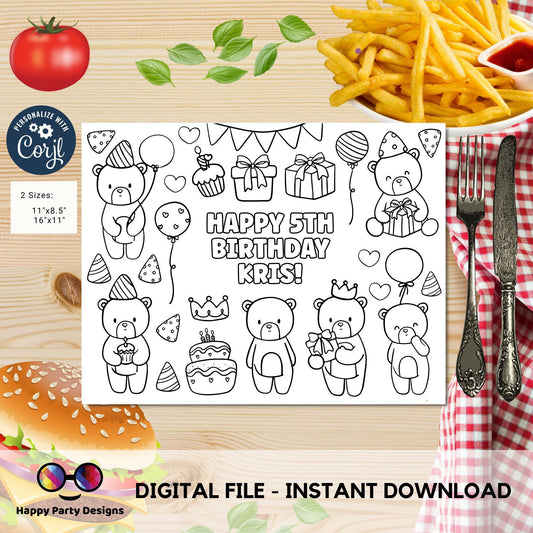 Editable teddy bear coloring page | Placemat coloring page | Any Age | Baby shower | Baby shower activity | party placemat | Bear party