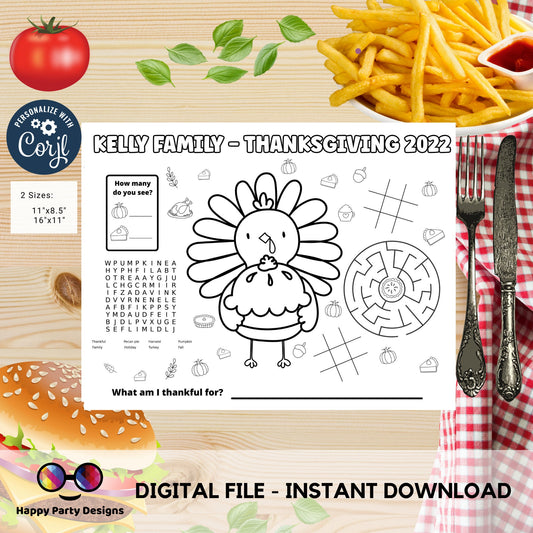 Editable Thanksgiving coloring placemat |Thanksgiving coloring page |Thanksgiving Activity game | cute thanksgiving activity for kids table