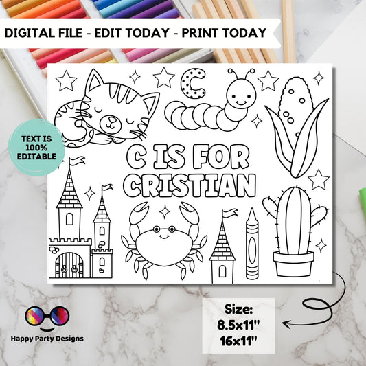 Editable name coloring page | C is for | personalized name alphabet placemat | Teacher material | Printable Preschool #SCH3