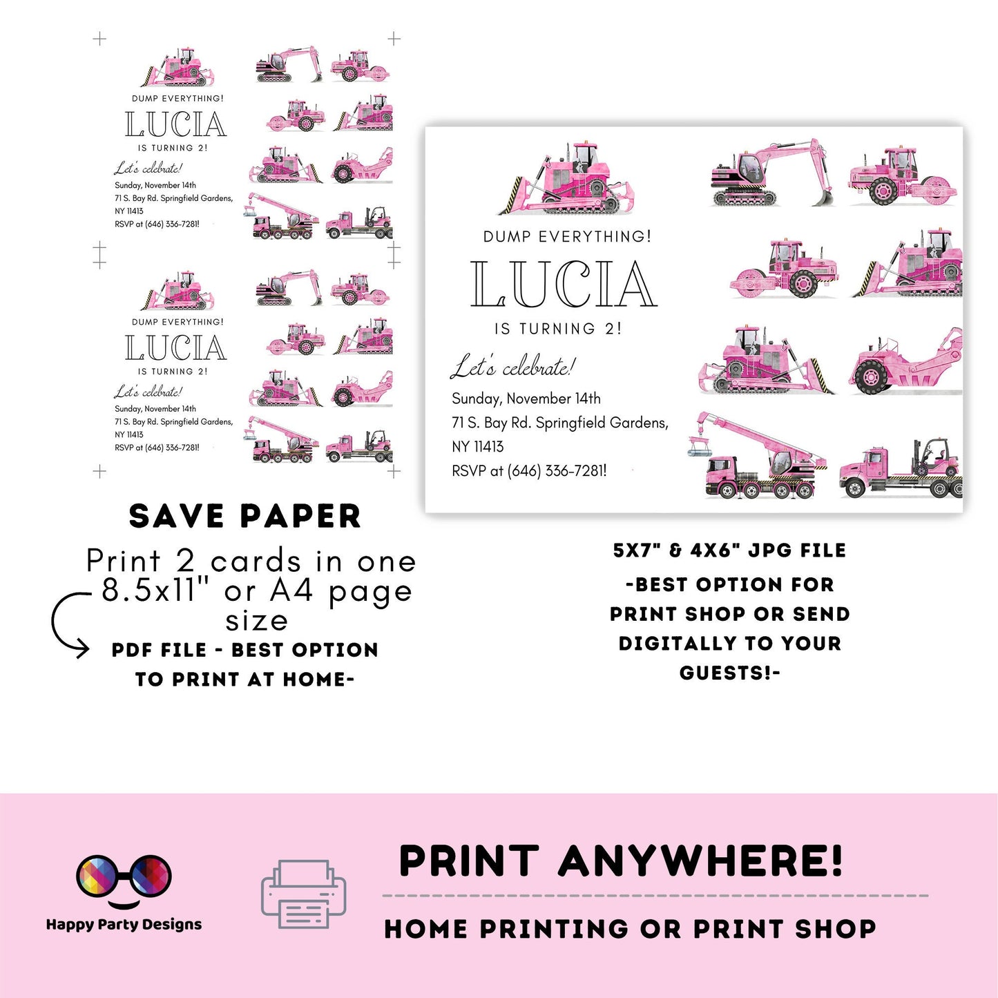 Editable pink Trucks Birthday Invitations | construction party | girl | Party under Construction Invitation | Edit Yourself #K69