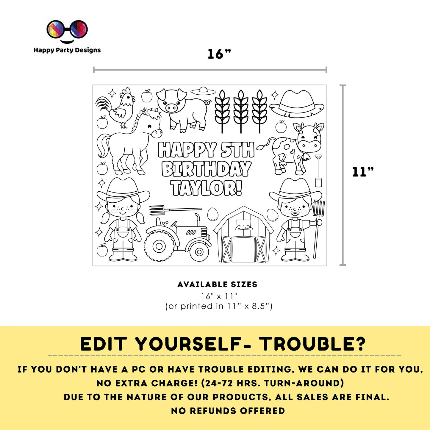 Editable Farm kids coloring page | Farm birthday Placemat | Any Age | Barnyard birthday | Game Farm Party Activity