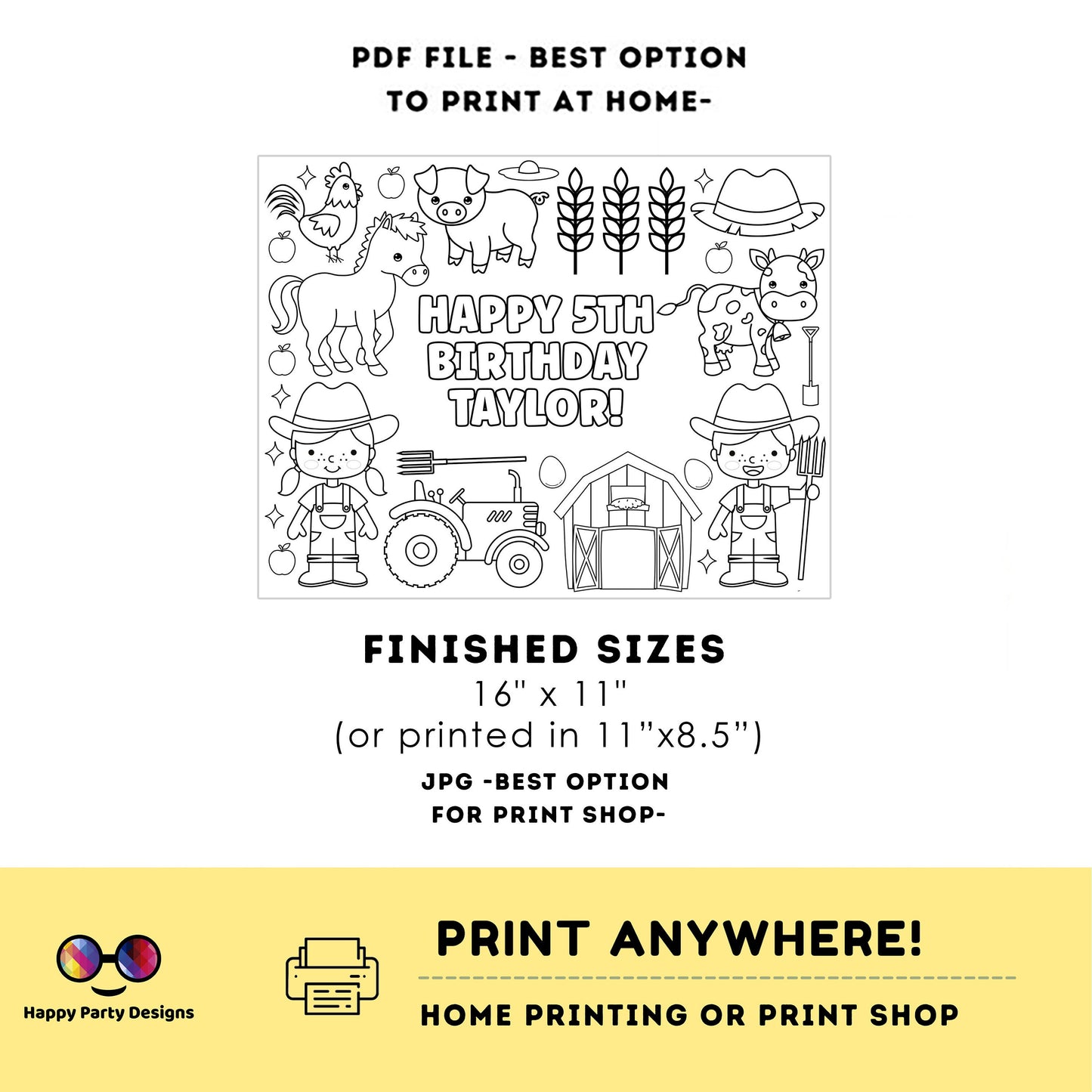 Editable Farm kids coloring page | Farm birthday Placemat | Any Age | Barnyard birthday | Game Farm Party Activity