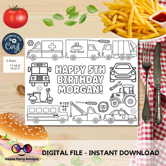 Editable ground Transportation Vehicles coloring page | Placemat coloring page | Any Age | Vehicles Party | Loot Bag Party Favor #K210
