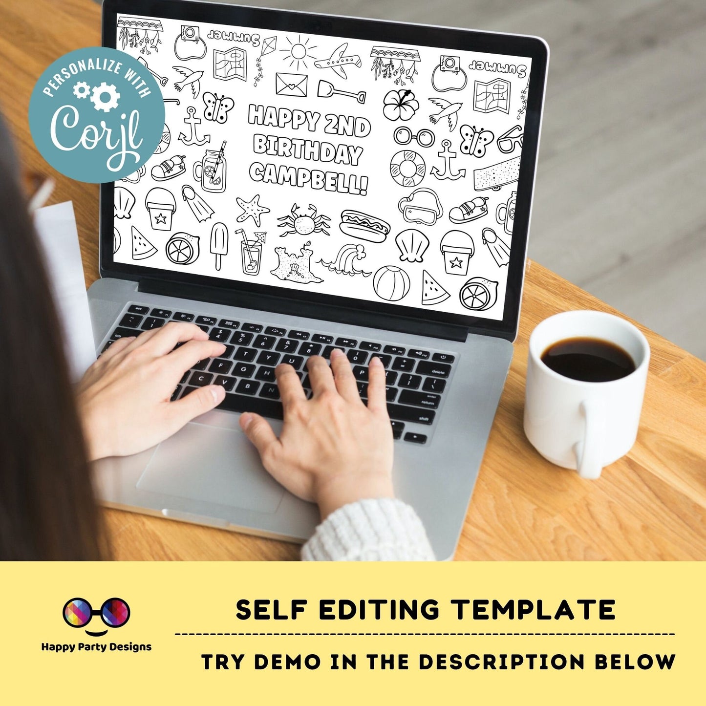 Summer XL coloring table runner | Editable summer coloring page | Placemat coloring page | summer party | Pool summer Party Activity  | #K97