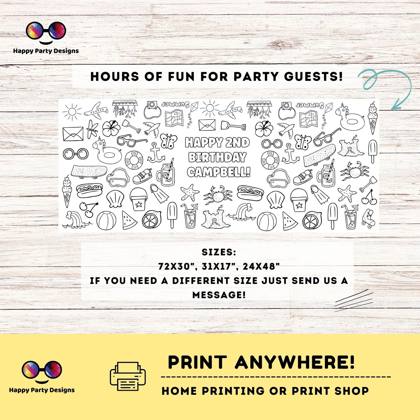 Summer XL coloring table runner | Editable summer coloring page | Placemat coloring page | summer party | Pool summer Party Activity  | #K97