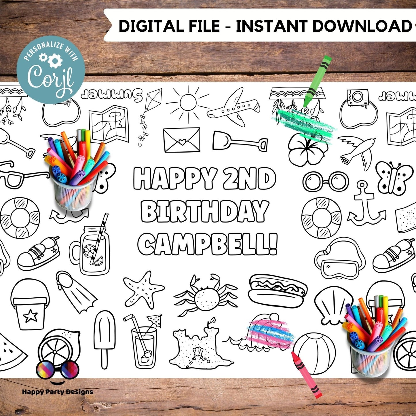 Summer XL coloring table runner | Editable summer coloring page | Placemat coloring page | summer party | Pool summer Party Activity  | #K97