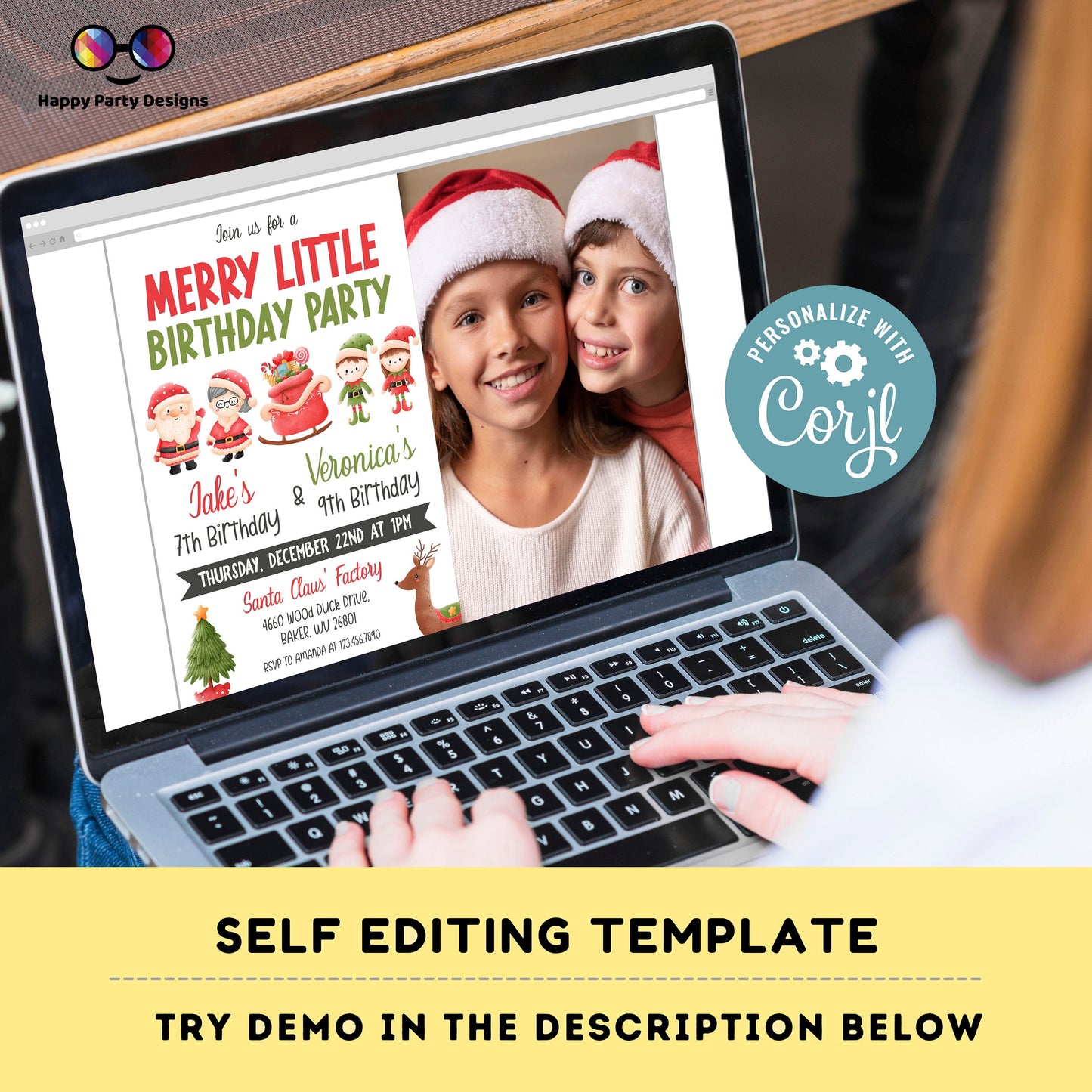 Editable Christmas Birthday Party Invitation | Merry Little Christmas Birthday Invitation | double birthday invitations | siblings | #K263
