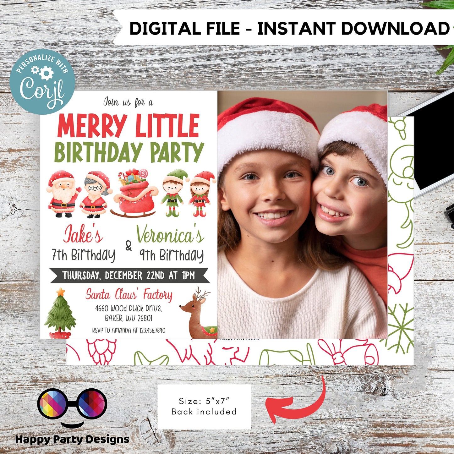 Editable Christmas Birthday Party Invitation | Merry Little Christmas Birthday Invitation | double birthday invitations | siblings | #K263