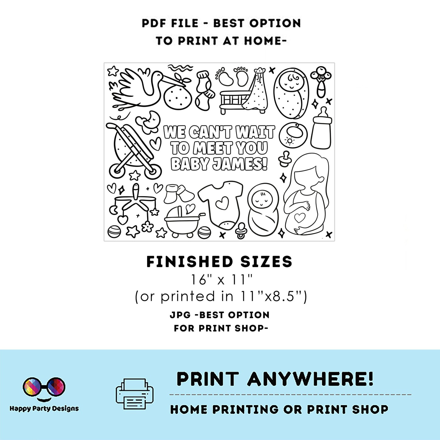 Editable baby shower coloring page | Placemat coloring page | Any Age | Baby shower | Baby shower activity | party placemat