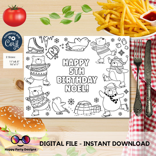 Editable Winter coloring page | Placemat coloring page | Any Age | kids in wintertime birthday | Party Activity | Polar bears #K115