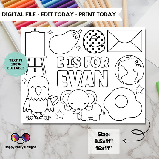Editable name coloring page | E is for | personalized name alphabet placemat | Teacher material | Printable Preschool #SCH3