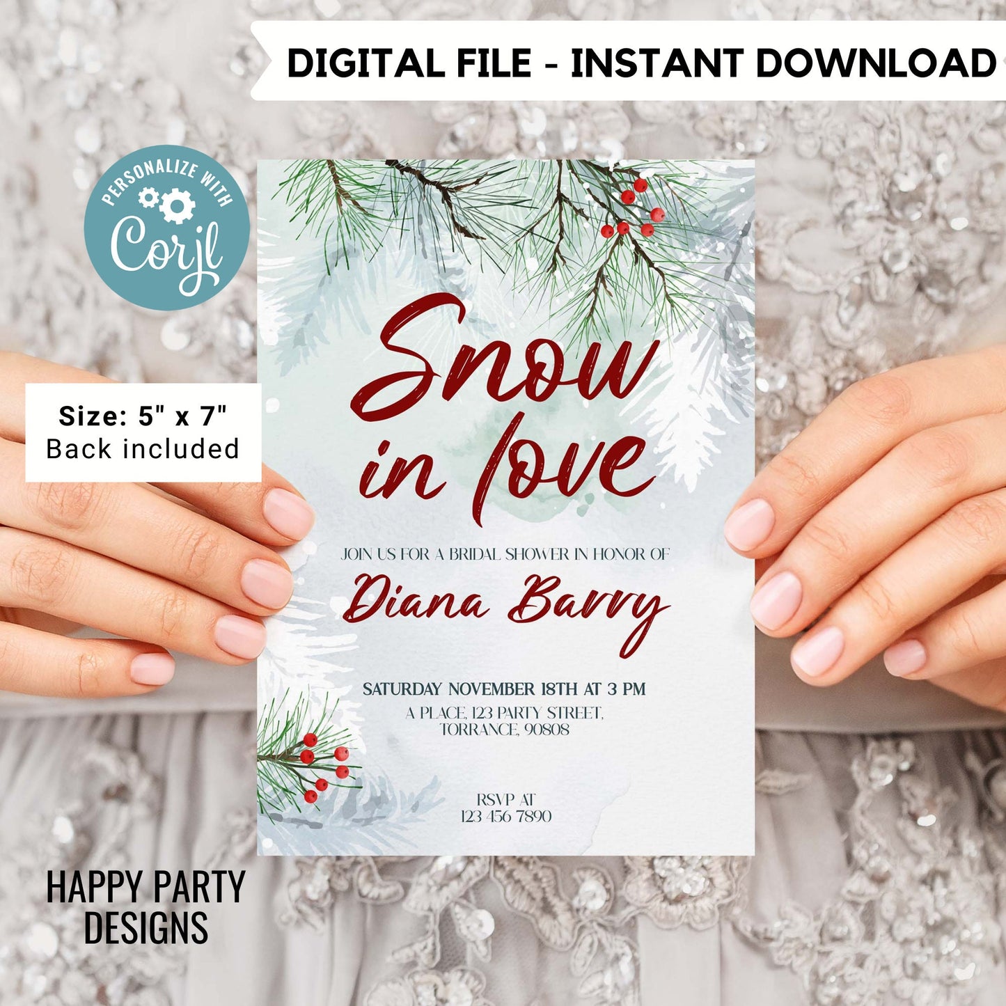 Editable Snow in love Burgundy Themed Bridal Shower Invitation | Winter Bridal Shower Invitation | Winter Bride Instant | Winter #W18
