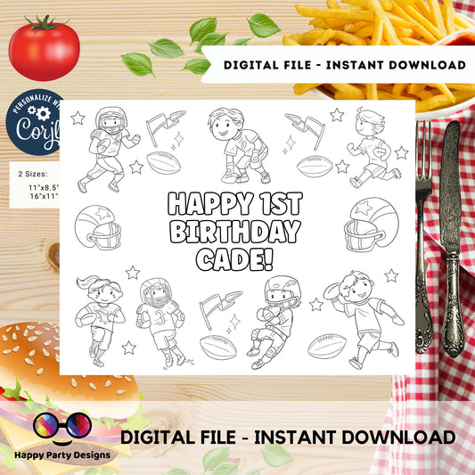Editable American Football Birthday coloring Page | Sports Party | Sports coloring page | Editable football coloring placemat  #K43