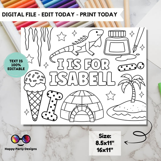 Editable name coloring page | I is for | personalized name alphabet placemat | Teacher material | Printable Preschool #SCH3