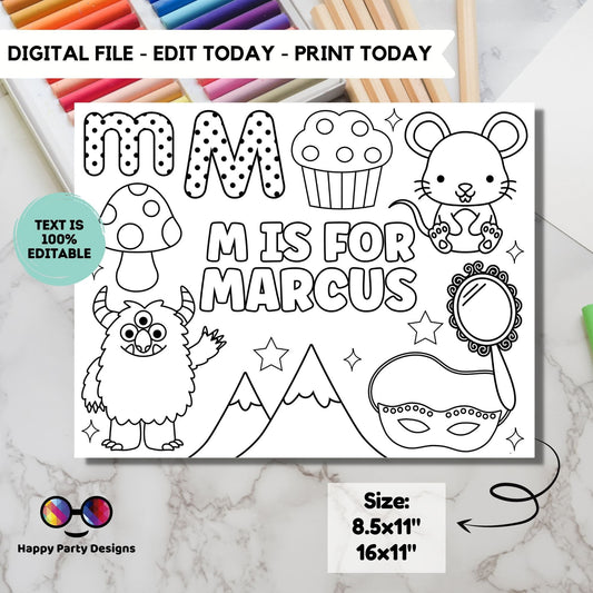 Editable name coloring page | M is for | personalized name alphabet placemat | Teacher material | Printable Preschool #SCH3