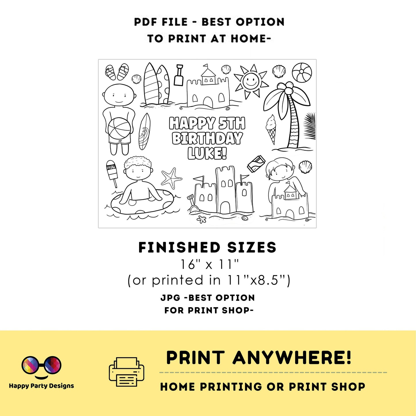 Editable Beach Day coloring page | ocean placemat | Any Age | Beach birthday | Summer Party Activity | beach party kids | Boy birthday
