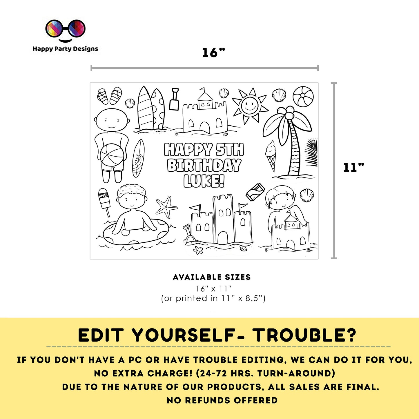Editable Beach Day coloring page | ocean placemat | Any Age | Beach birthday | Summer Party Activity | beach party kids | Boy birthday
