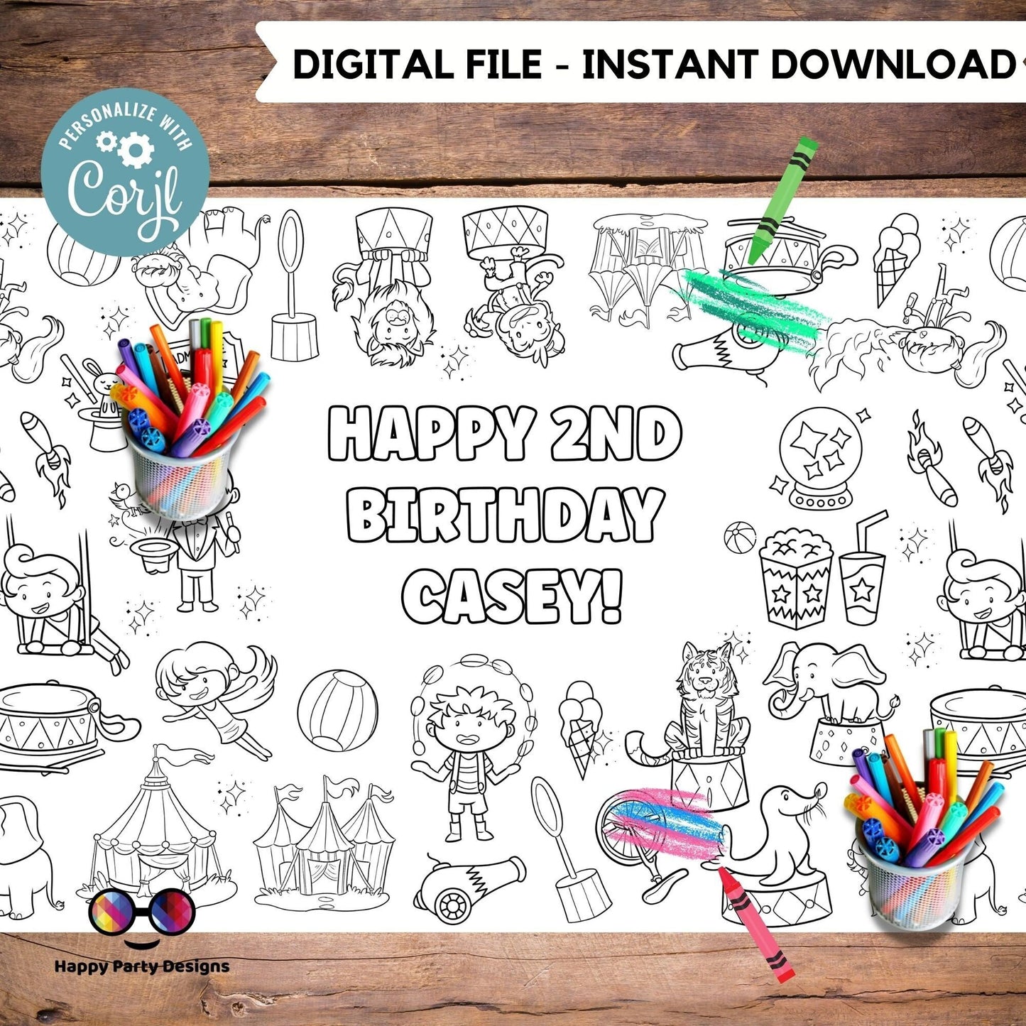 Circus XL Table Runner | Editable circus coloring page | Placemat coloring page | Circus birthday party | Circus Party Activity  #K119