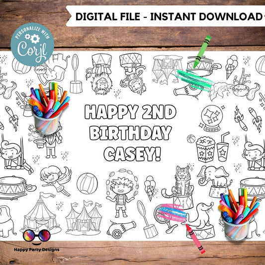 Circus XL Table Runner | Editable circus coloring page | Placemat coloring page | Circus birthday party | Circus Party Activity  #K119