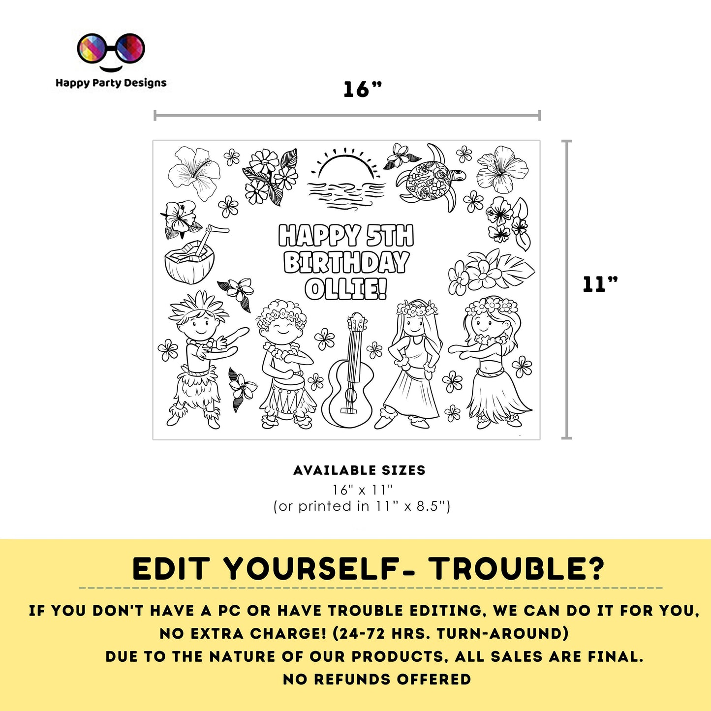 Editable Hawaiian party coloring page | Aloha placemat | Any Age | Beach birthday | Luau Party Coloring Pages | beach party kids