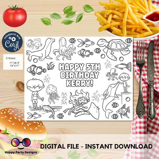 Editable Aquarium coloring page | Placemat coloring page | Any Age | Under the Sea birthday | Under the Sea Party Activity #K93