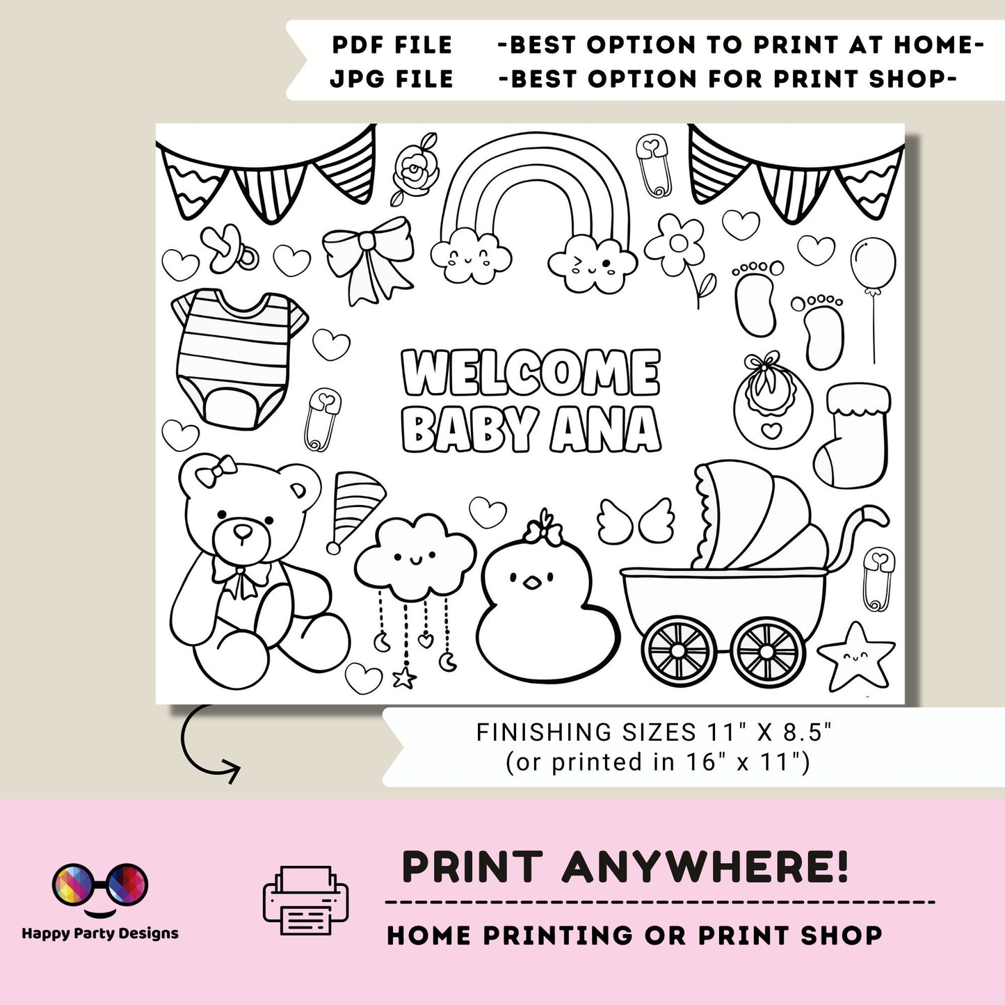 Editable baby shower coloring page | Placemat coloring page | Any Age | Baby shower | Baby shower activity | party placemat | Baby girl